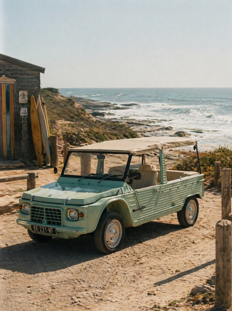 Electric Méhari parked beside a beach shack, surfboards leaning against the wall, ocean horizon behind